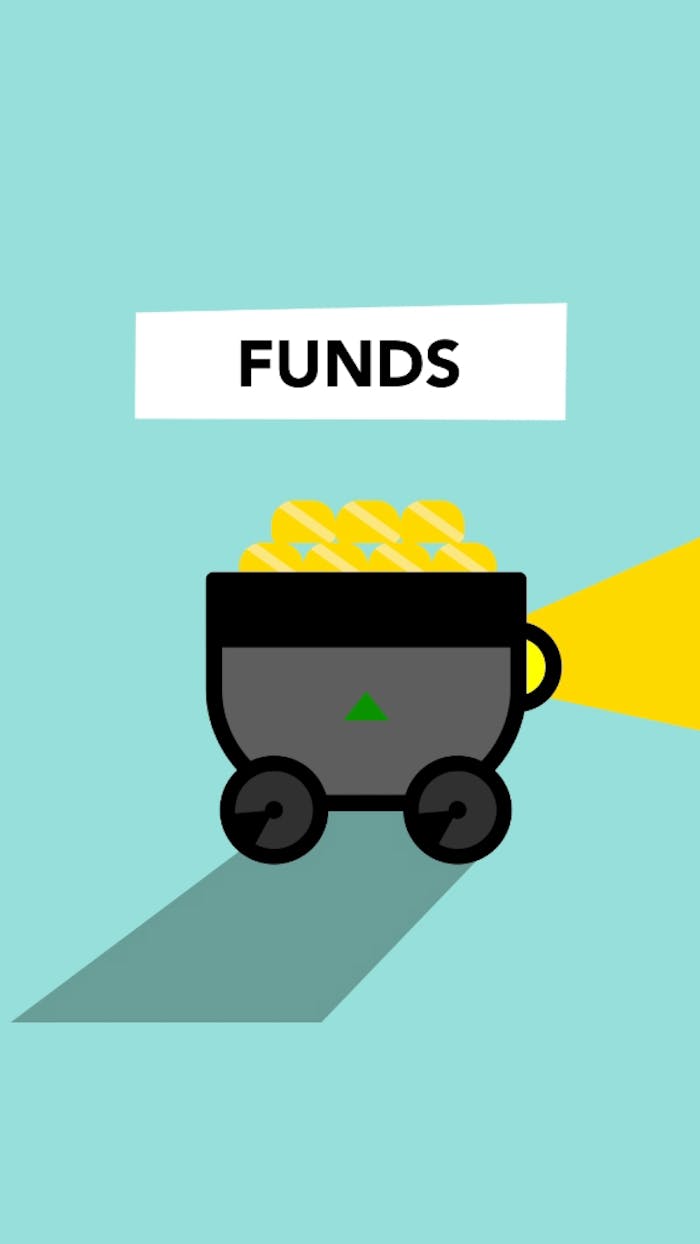 Stylized cart with gold coins labeled 'Funds' on blue background, symbolizing financial profit.